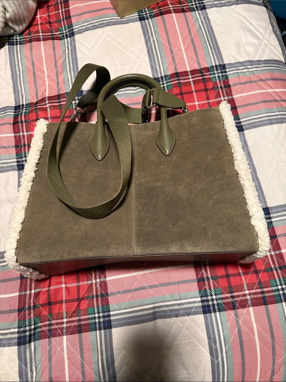 MICHAEL KORS Olive Suede Tote with Shearling Trim